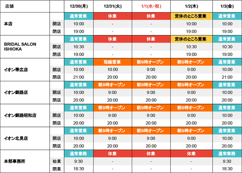 石岡 年末年始の営業時間